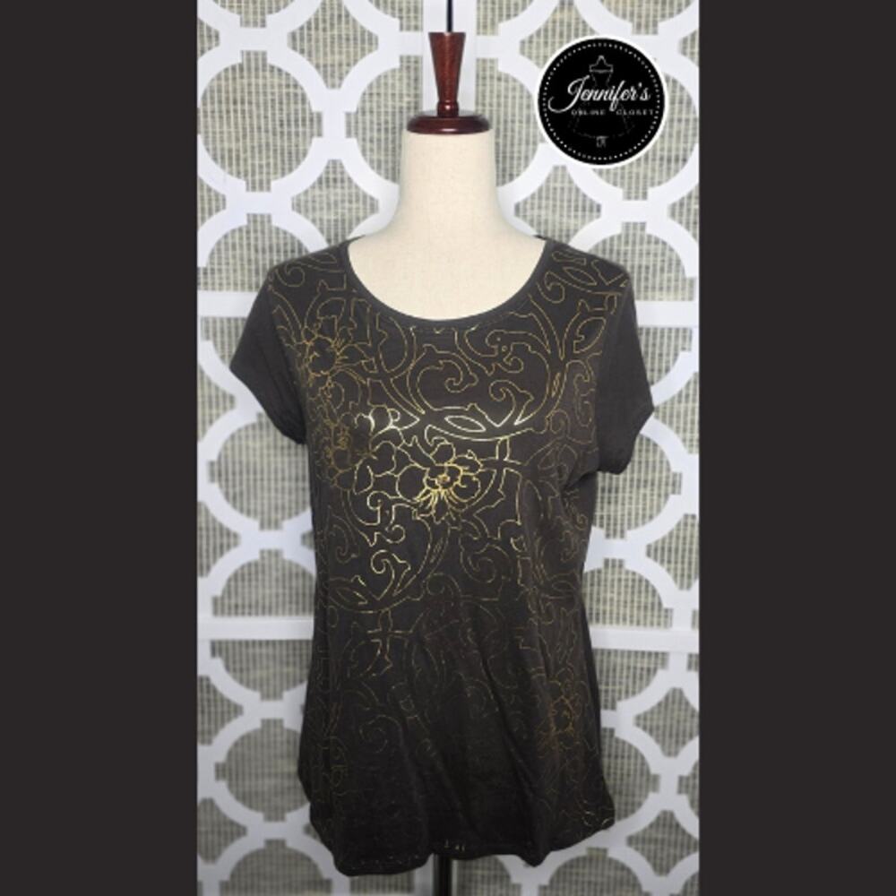 3/$30 Tahari Brown with Metallic Gold Floral Graphic Cap Sleeve Top Size Large
